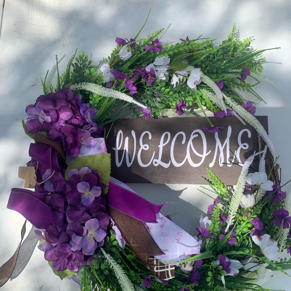 Purple and Green Floral Welcome Wreath